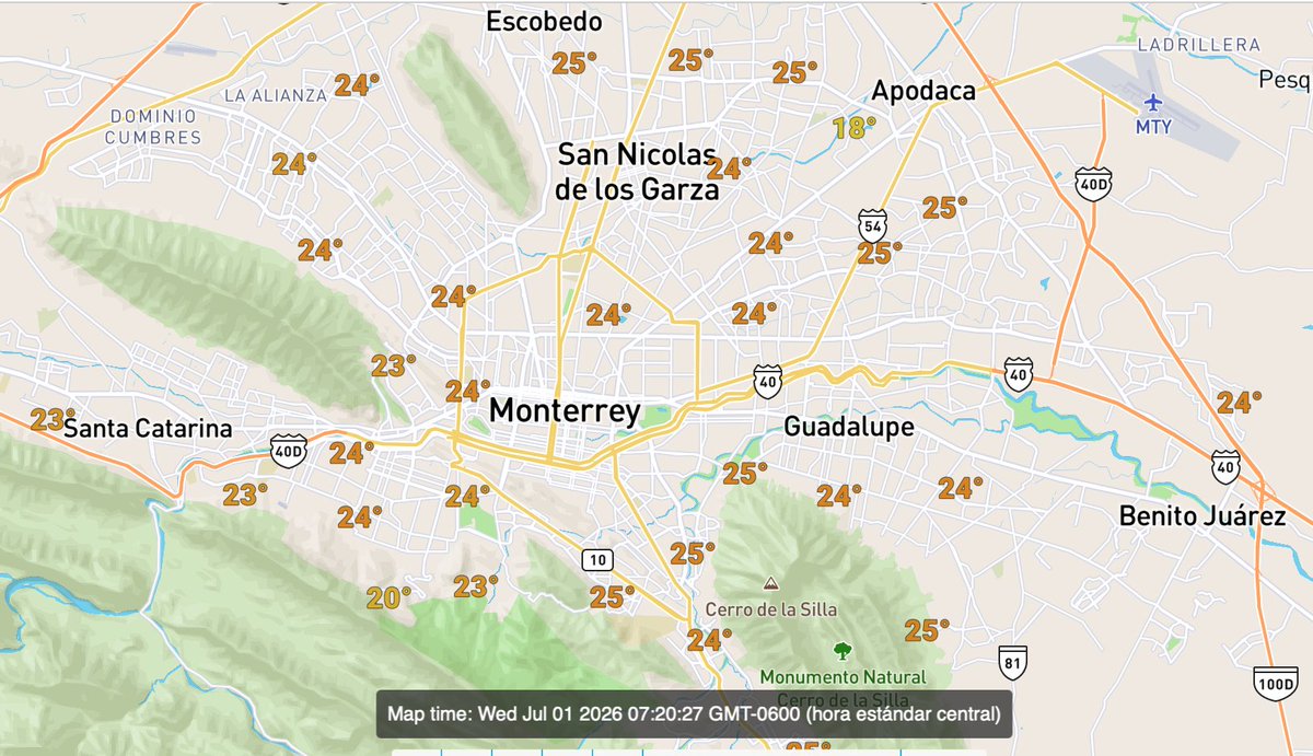 MauroMoralesMtz's tweet photo. Temperaturas agradables esta mañana de miércoles en #Monterrey y su área metropolitana. #Aceptable calidad del aire en 4 estaciones y #Buena en 11. Hoy esperamos una tarde soleada con máximas al rededor de 35˚. La sensación se espera en 36˚. https://t.co/n64DFQF0bu