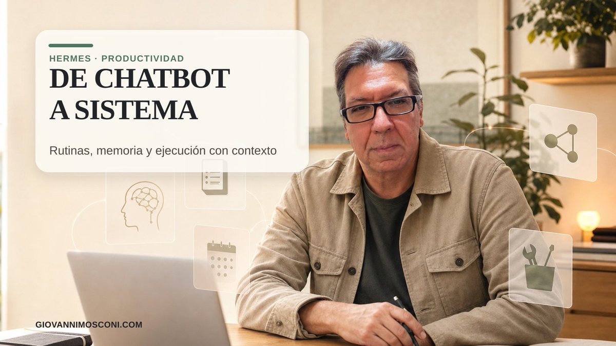 gmosconi's tweet photo. Tu productividad no mejora por abrir más apps. Mejora cuando reduces el costo de volver a empezar.

Hermes como capa operativa:
- Skills
- Memoria
- Cron jobs
- Tools
- Gateway

Si una tarea se repite, no la optimices solo con prompts. Conviértela en procedimiento. https://t.co/20GswDjD0X