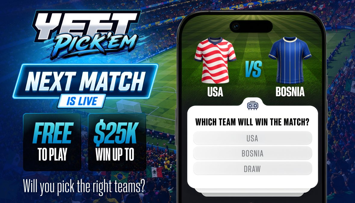 yeet's tweet photo. YEET PICK'EM: Day 22 - New contest is live to make your picks!                      

Every World Cup match is a chance to win up to $25K — and it costs you nothing.              

All you need is a https://t.co/iOZqY6Jmd4 account!                            

Play now: https://t.co/e74XNhVXnI