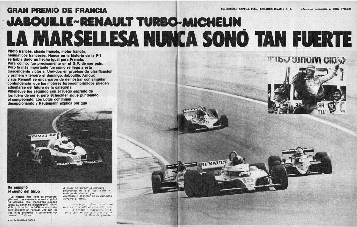PatoG82's tweet photo. 1 de Julio de 1979. GP de Francia en Dijon-Prenois para la F1 🏁

🇫🇷 LA MARSELLESA NUNCA SONÓ TAN FUERTE
"Piloto francés, chasis francés, motor francés, neumáticos franceses. Primera victoria de un motor Turbo"

📝 Notas Corsa 🔗 https://t.co/9bJwUDWWeA https://t.co/X2R8KH2NuY
