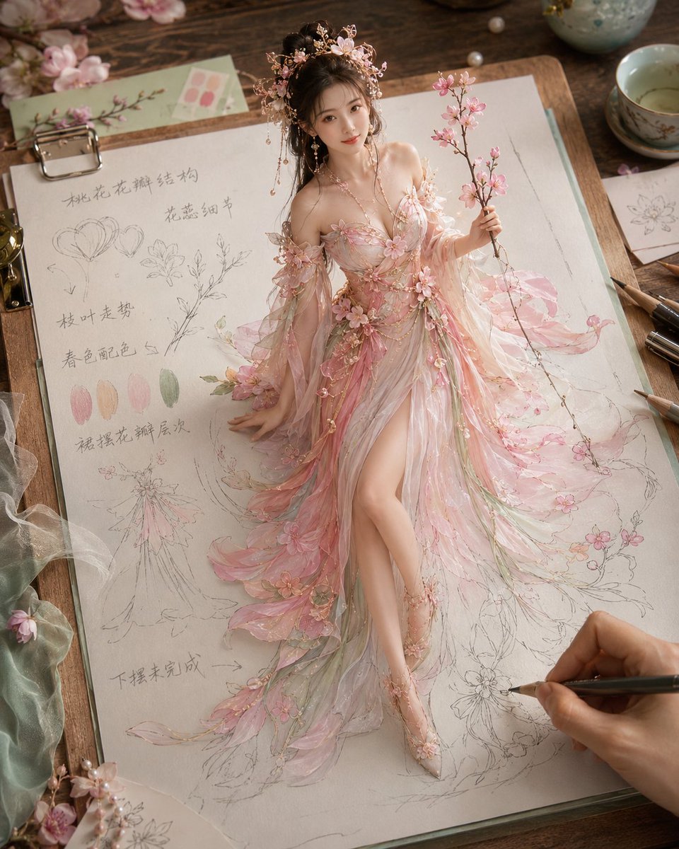 MrLarus's tweet photo. 🔥用ChatGPT-Image2做《纸上成真 · 四时花神衣谱》，美得不可方物！

把四季花神做成「服饰设定手稿」：
1、桃花神 · 春色初醒
2、荷花神 · 清水出尘
3、桂花神 · 金秋温香
4、梅花神 · 冷香入雪
🌷花瓣、枝叶、轻纱、裙摆和手稿线条融合在一起，人物从画稿中立起，像停在纸上成真的一瞬间！

提示词在评论区👇