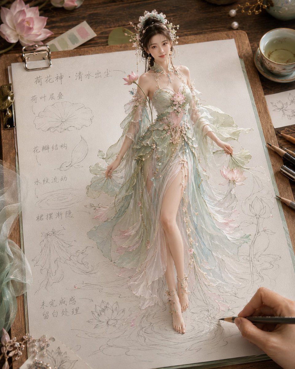 MrLarus's tweet photo. 🔥用ChatGPT-Image2做《纸上成真 · 四时花神衣谱》，美得不可方物！

把四季花神做成「服饰设定手稿」：
1、桃花神 · 春色初醒
2、荷花神 · 清水出尘
3、桂花神 · 金秋温香
4、梅花神 · 冷香入雪
🌷花瓣、枝叶、轻纱、裙摆和手稿线条融合在一起，人物从画稿中立起，像停在纸上成真的一瞬间！

提示词在评论区👇