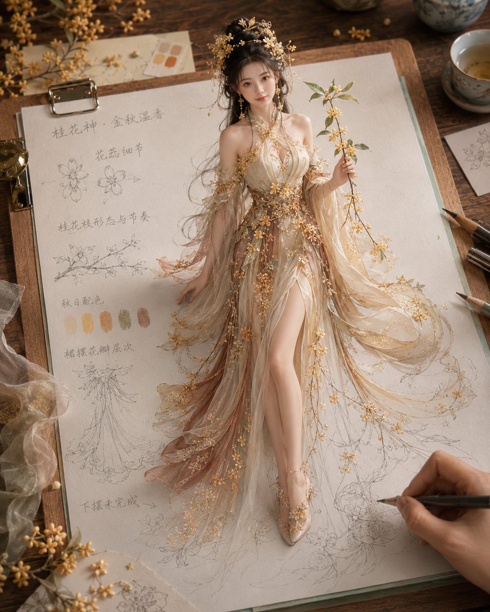 MrLarus's tweet photo. 🔥用ChatGPT-Image2做《纸上成真 · 四时花神衣谱》，美得不可方物！

把四季花神做成「服饰设定手稿」：
1、桃花神 · 春色初醒
2、荷花神 · 清水出尘
3、桂花神 · 金秋温香
4、梅花神 · 冷香入雪
🌷花瓣、枝叶、轻纱、裙摆和手稿线条融合在一起，人物从画稿中立起，像停在纸上成真的一瞬间！

提示词在评论区👇