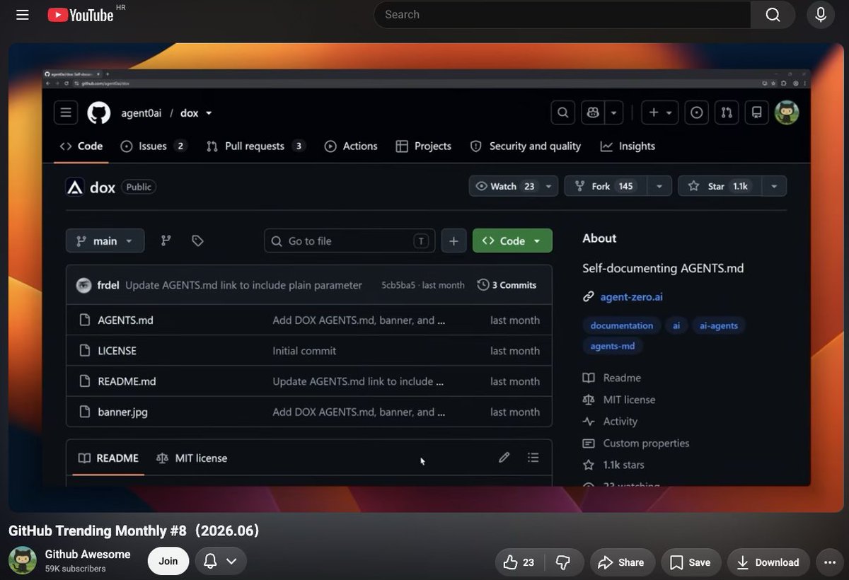 Agent0ai's tweet photo. DOX framework is featured in @GithubAwesome "GitHub Trending Monthly #8" video 🎥

Self-documenting AGENTS.md. Keeps coding agents aligned and prevents context drift. 
Repo: https://t.co/j7b8Gjs3kY

Fully open source, watch it below (12 minutes in) 👇 https://t.co/ljCoRPP9Cl