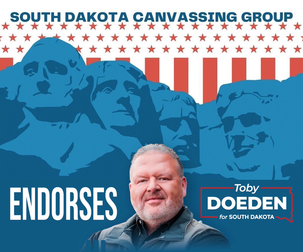 TobyForSD's tweet photo. Free and fair elections are the cornerstone of our republic. 

I am proud to have the support of South Dakota Canvassing. This amazing group of patriots has fought tirelessly for good governance and common-sense legislation. 

I look forward to working with them as Governor to ensure that your voice is always heard.