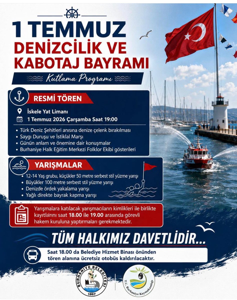 DogerHusnu's tweet photo. 1 TEMMUZ DENİZCİLİK VE
KABOTAJ  BAYRAMI
Kutlu olsun. 🇹🇷 👏 👏 👏
Burhaniye İskele Yat Limanındaki kutlamalara katılacağız. https://t.co/f9AFqKH8dW