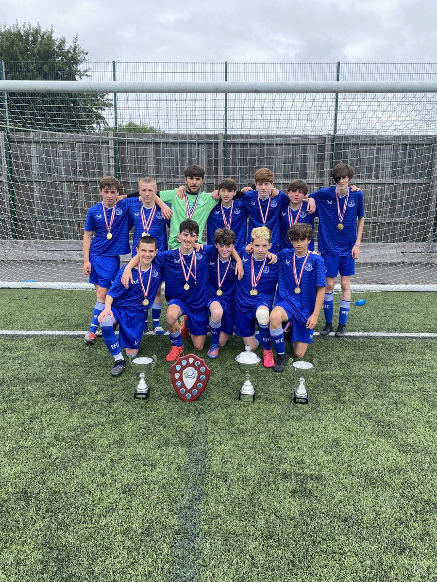 EvertonSchool's tweet photo. 🏆LEAGUE &amp; CUP CHAMPIONS🏆

Another fantastic year on the pitch for our Year 9, 10 &amp; 11 students who today made history becoming the first team to win the @Liverpool_CFA  league and cup for three consecutive seasons! Our staff are extremely proud of their achievements! #NSNO 🔵⚽️ https://t.co/oFK1vwFcSG