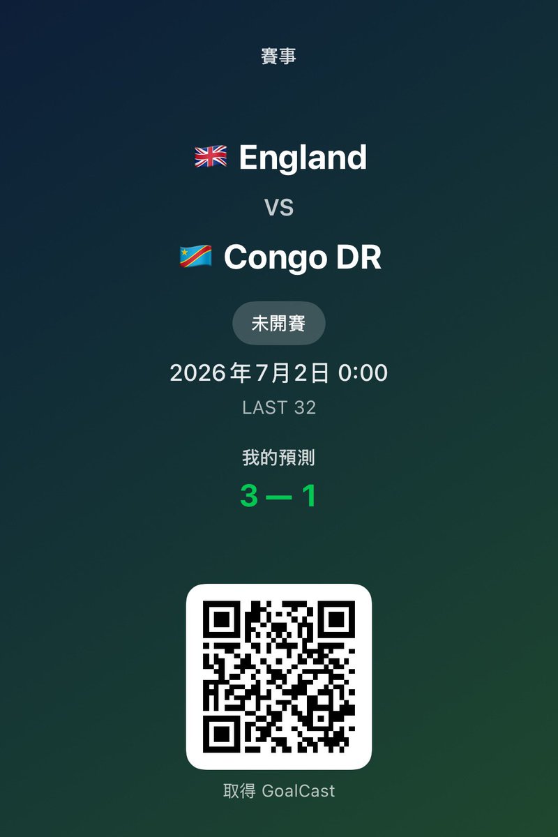 iOS_App_Startup's tweet photo. #2026fifaworldcup 
 England will win 3:1 to Congo DR tonight.
Predicted from GoalCast App. 
https://t.co/yM9JpkuDLe

#2026FIFA世界杯 #2026fifaworldcup #世界杯赛程 #世界杯 #england https://t.co/MMWLl7TJAC