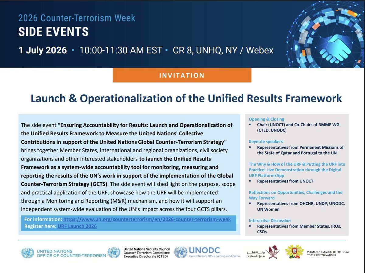 UN_OCT's tweet photo. 📢#CTWeek Event
🗓️1 July 10am EDT
➡️Ensuring Accountability for Results: Launch of the Unified Results Framework to Measure the @UN Collective Contributions in support of the #GCTS
by #Qatar #Portugal @UN_CTED @UNODC @UN_OCT
👉https://t.co/APstt5OwJx
#UNiteToCounterTerrorism https://t.co/RUnziLTKb2
