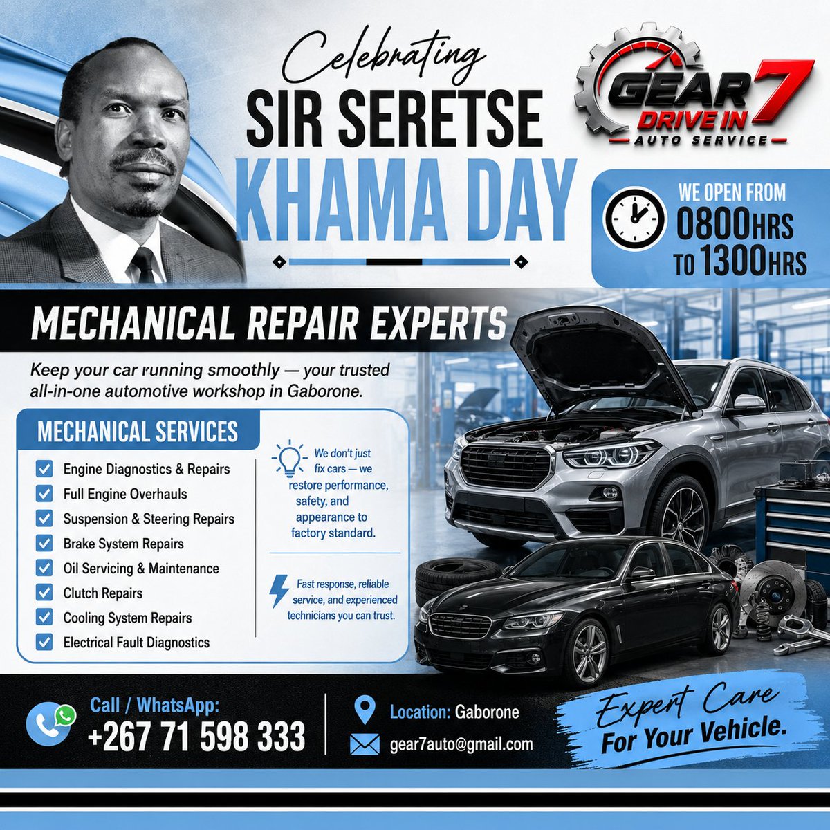 gear7auto's tweet photo. Join us as we celebrate and honour the first president of the Republic of Botswana, Sir Seretse Khama.

#July #1st #Botswana #carservice #carcare #Gaborone #AutoRepair #mechanicalrepairs #BotswanaBusiness https://t.co/6y7t4c4rE4