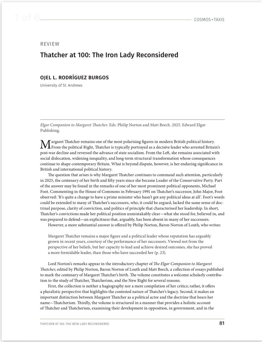 ojelrodriguez's tweet photo. My latest book review, “Thatcher at 100: The Iron Lady Reconsidered,” is now published in Cosmos + Taxis. I examine @LordNortonLouth and Matt Beech’s The Elgar Companion to Margaret Thatcher and reconsider Thatcher’s political and intellectual legacy.

https://t.co/Qi84UvoxVk https://t.co/UcAcZi1UB1