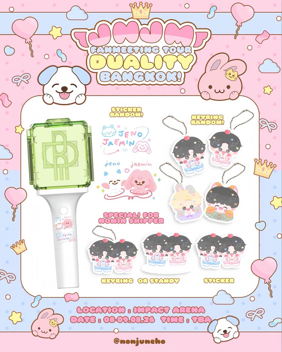 nonjuneho's tweet photo. 𑁍ࠬܓpls kindly rt ◞♡

˖⋆GIVEAWAY FOR NCT JNJM Fanmeeting in Bangkok ˖⋆

  .◜◡◝JENO  or JAEMIN ˖Ი𐑼⋆

❥･ KEYRING 
❥･ STICKER  

𓈒 * ꒰ა SPECIAL! FOR NOMIN ໒꒱
🐶🐰

❥･KEYRING  
❥･STANDY
❥･STICKER  

📆 Date: 8 -9 Aug 26

rule : rt & show this tweet

#NCTJNJM_FANMEETING_TOUR
#NCTJNJM_FANMEETING_TOUR_DUALITY
#JENO #JAEMIN #NCTDREAM