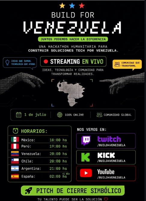 Karot_lover's tweet photo. gm🧉

Hoy se realiza el cierre simbólico del hackathon #Build4Venezuela.

Durante estos días, distintos equipos trabajaron en herramientas reales y funcionales pensadas para apoyar a quienes más lo necesitan dentro de Venezuela tras la catástrofe que atraviesa el país.

Hoy se presentan esos proyectos en un Build Showcase abierto para toda la comunidad.

El objetivo es que estas soluciones lleguen a más personas, se puedan usar, mejorar y compartir.

📺 Transmisión por YouTube, Kick y Twitch.
🕕 6pm México | 7pm Perú | 8pm Venezuela/Chile | 9pm Argentina

La iniciativa no termina acá. Se sigue trabajando! 
En lo personal quiero felicitar a todos los que prestaron su tiempo en crear, llevar el grupo y realizar las transmisiones en vivo.
