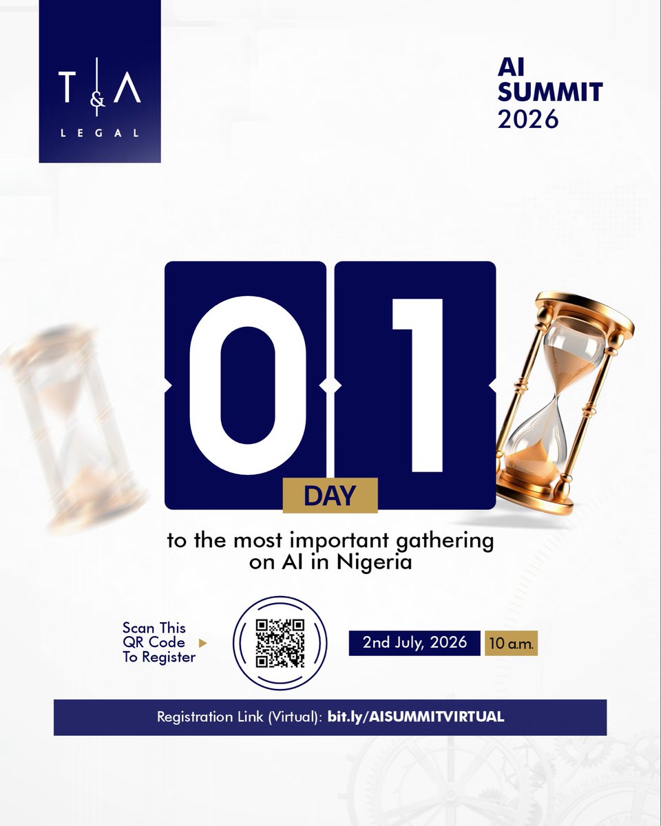 TundeAdisa_LP's tweet photo. Tomorrow, 2nd July, 2026, T&A Legal will convene The AI Conversation, the most important gathering on artificial intelligence governance Nigeria has hosted.

Policymakers, regulators, legal practitioners, technologists, and business leaders will come together to examine the critical issues shaping Nigeria’s AI future: governance, accountability, privacy, intellectual property, cybersecurity, and public trust.

Kindly note that registration for physical attendance is now closed and we are only accepting registrations for virtual attendance. 

🗓️ 2ND JULY, 2026
🔗https://t.co/jZbNmJ5q99 (Virtual Attendance)

.
.
.

#TALegal #AISummit #TheAIConversation #AIPolicy