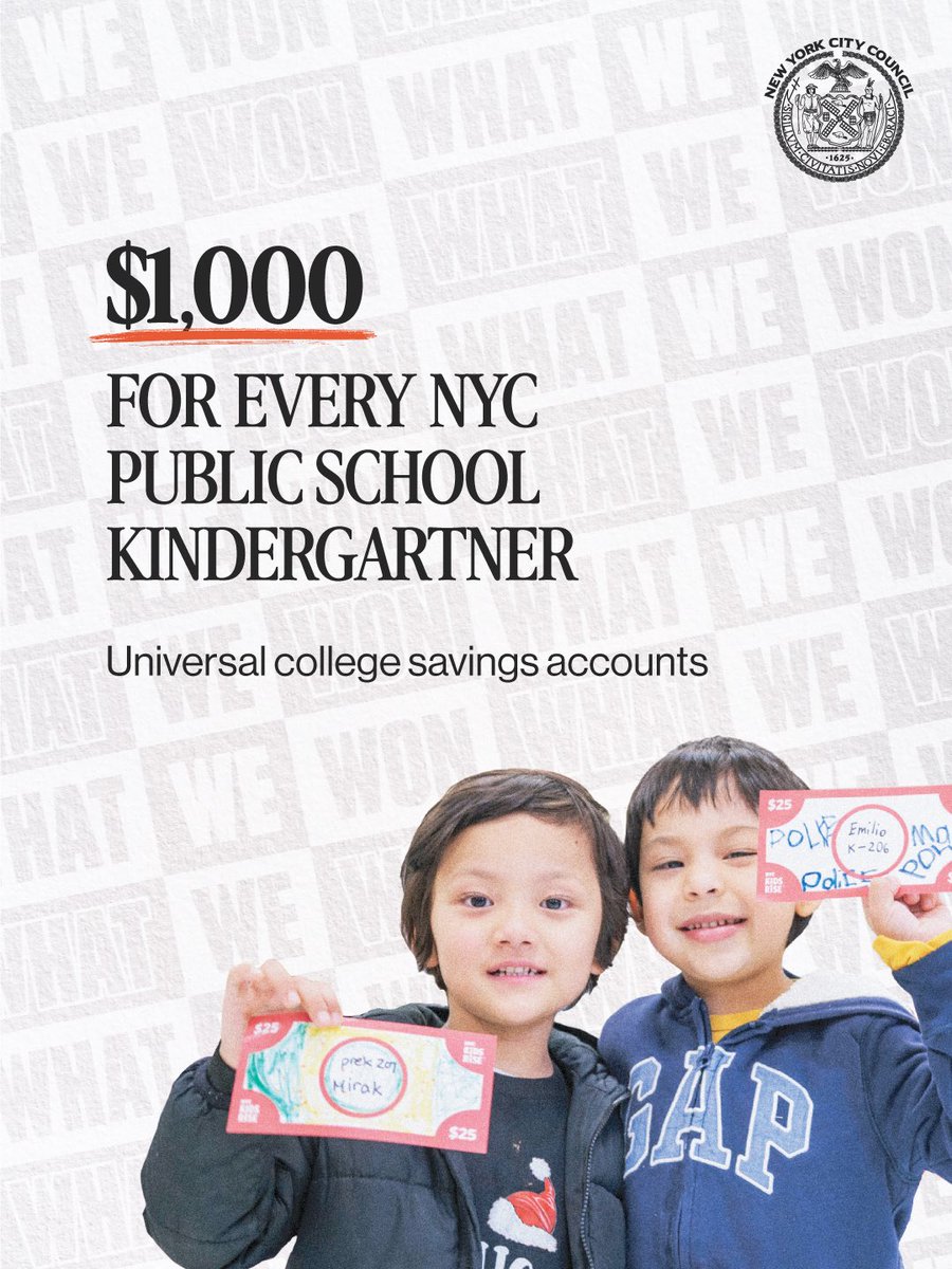 NYCCouncil's tweet photo. 🏆 New Yorkers just WON BIG🏆

✅ We are delivering record funding to parks, libraries and cultural institutions.
✅ We are cutting transit costs in half for nearly 1.3 million New Yorkers.
✅ We are giving $1,000 to every kindergartner in public school for college savings.
✅ We are expanding access to stable housing.