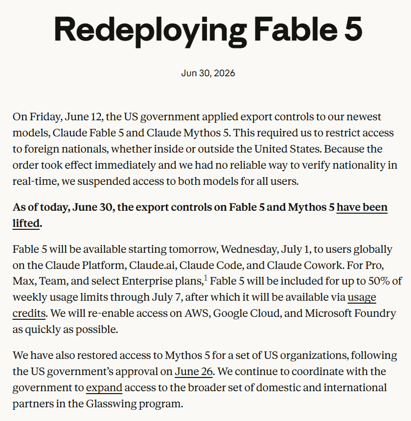 CryptoPulseAZ's tweet photo. JUST IN: 🇺🇸 Anthropic says Claude Fable 5 returns globally tomorrow after the US lifts restrictions; Mythos 5 remains limited to approved partners. https://t.co/bcAlfZBcEy
