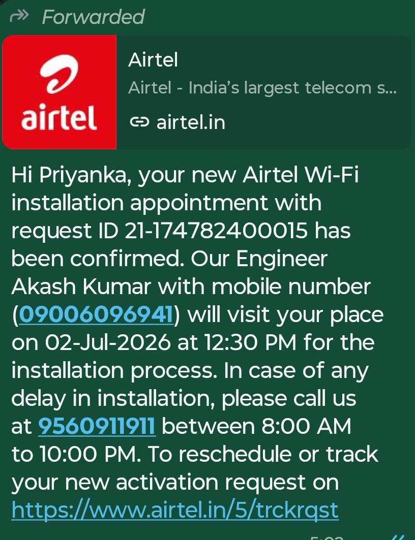 BhaskarSin67765's tweet photo. I booked a WiFi installation with #Airtel for Saturday, June 27, 2026, and was told the connection would be set up by Monday, June 29. However, it is now July 1, and the WiFi still hasn't been installed. 

Airtel Wi-Fi installation appointment with request ID 21-174782400015 https://t.co/6EkmpCTxUq