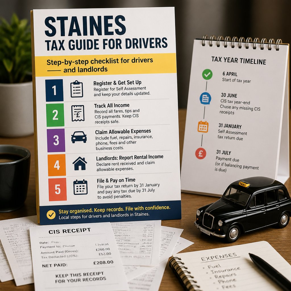 ShortandSonsAcc's tweet photo. We make tax returns simple for Staines Black Cab drivers, CIS subcontractors and landlords. Follow our step-by-step process, avoid timing mistakes, and claim allowable driver/CIS expenses correctly. Visit our guide: https://t.co/zBuH3sa89i #StainesDrivers https://t.co/SJyOsG1VNk