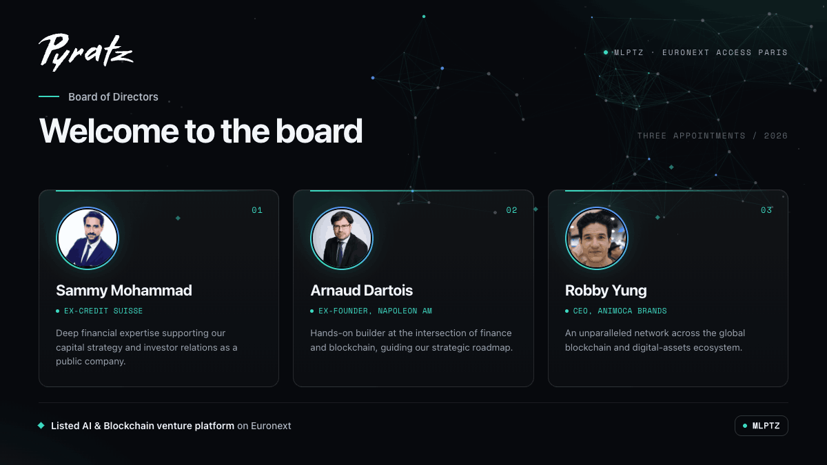 PyratzCorp's tweet photo. We're proud to welcome 3 Independent Directors to the Board of @PyratzCorp ! 🔥

As we enter our next chapter as a listed company on @enronext Access Paris ($MLPTZ), 3 new members will help shape our strategic direction going forward.

Sammy Mohammad : ex-Credit Suisse, bringing deep financial expertise to support our capital strategy and investor relations as a public company.

Arnaud D. : ex-Founder of Napoleon AM, bringing hands-on experience building at the intersection of finance and technology, He is guiding our strategic roadmap.

@viewfromhk : CEO of @AnimocaBrands, bringing an unparalleled network and track record in the global digital assets ecosystem to accelerate our international partnerships.

3 complementary profiles. 1 shared ambition: building the leading listed technology-investment platform in Europe.

Welcome aboard. 🏴‍☠️