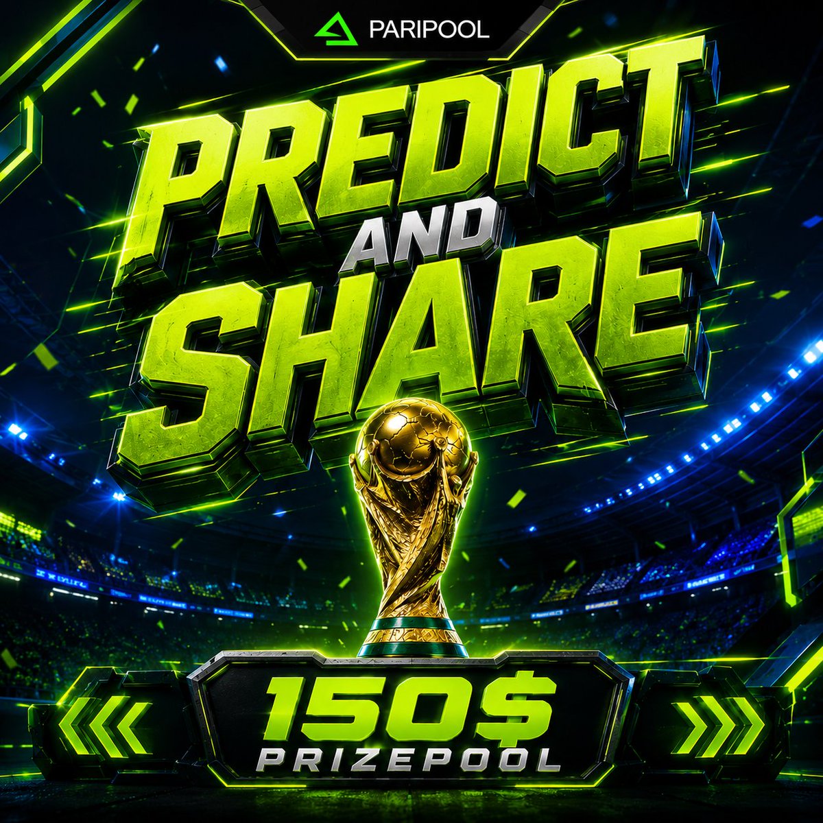 PariPool's tweet photo. ⚽ FIFA World Cup 2026 Finals – Predict & Share
🎯 Predict the Score. Share the Excitement. Win Cash!

The FIFA World Cup 2026 Finals Stage is coming! Make your prediction, share it with your friends, and compete for a $150 Prize Pool.

💰 Prize Pool  $150

🥇 Best Prediction: $100
🎁 Lucky Draw Winner: $50

📝 How to Join
Step 1
Comment your prediction on the campaign post and tag two friends.

Example:
Brazil 2–1 Argentina @friend1 @friend2 

Step 2
Share or repost the campaign post.

Step 3
Follow PariPool on social media.

✅ Eligibility
To qualify, participants must complete all the tasks.

📢 Important Notes

One prediction per participant per match.
Predictions must be submitted before semi finals.
Edited comments are not eligible.

Winners will be announced on PariPool's official social media channels.

📅 Campaign Period
Throughout the FIFA World Cup 2026 Finals Campaign Duration: 15 Days (Before Semi-Finals)

Comment your prediction now and challenge your friends! ⚽🔥

#fifa #wordcup #Footballcommunity #football #WorldCupFinals