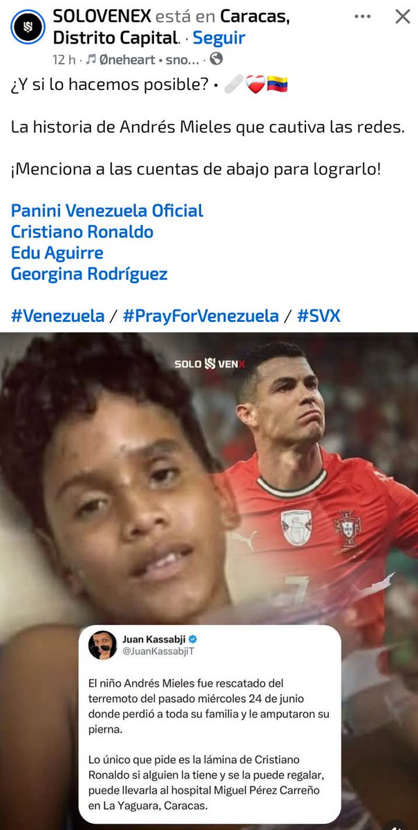 vivassantanaj_'s tweet photo. Esperemos que el mensaje llegue a Cristiano Ronaldo -de un niño venezolano que fue víctima de los terremotos de La Guaira al perder toda su familia y ser amputada una de sus piernas. Solo quiere el afiche de @Cristiano https://t.co/F736Ec1i7N