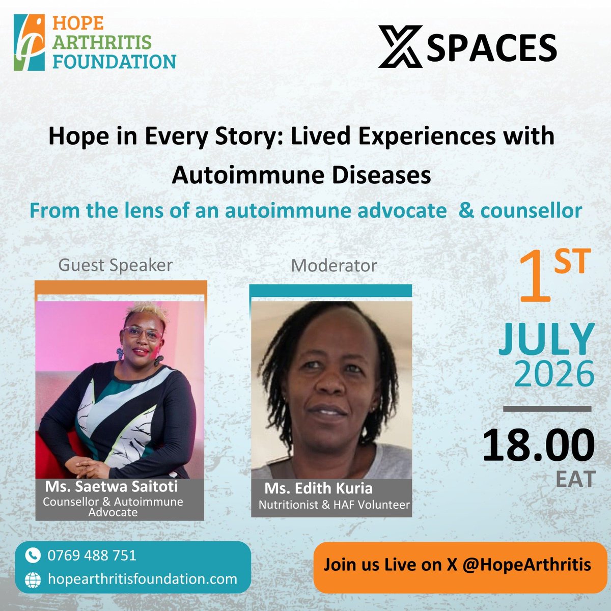 angela_migowa's tweet photo. 💚 One diagnosis. One mother's love. Countless lives changed
Join us for #HopeInEveryStory as Ms. Saetwa shares how her daughter's autoimmune journey inspired a mission of hope
🗓️ Today | 6 PM EAT
📍 @HopeArthritis
https://t.co/yFzBd4WQNb
#AutoimmuneAwareness #PatientAdvocacy https://t.co/IybPeY9xH3
