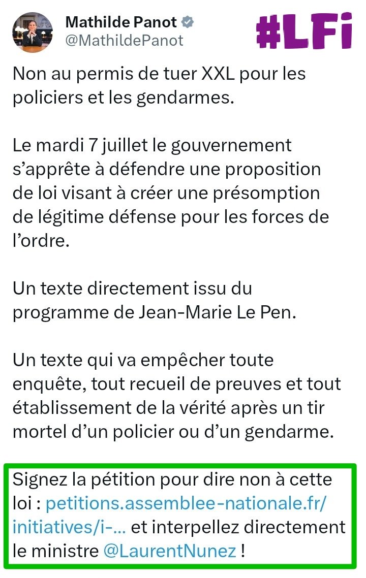 gh_thry_57yo's tweet photo. @mbompard 🚨🟣 #Petition / Mardi 7 @SebLecornu veut faire voter une loi de " Présomption de légitime défense " pour les #FDO 🥺
> Objectif : Un policier qui tue sera par défaut considéré comme étant en situation de #LegitimeDefense 😱
© @LepenJm pour l'idée 🤮
⤵️
https://t.co/nIBv7U4ddr https://t.co/hztQDtXTKV