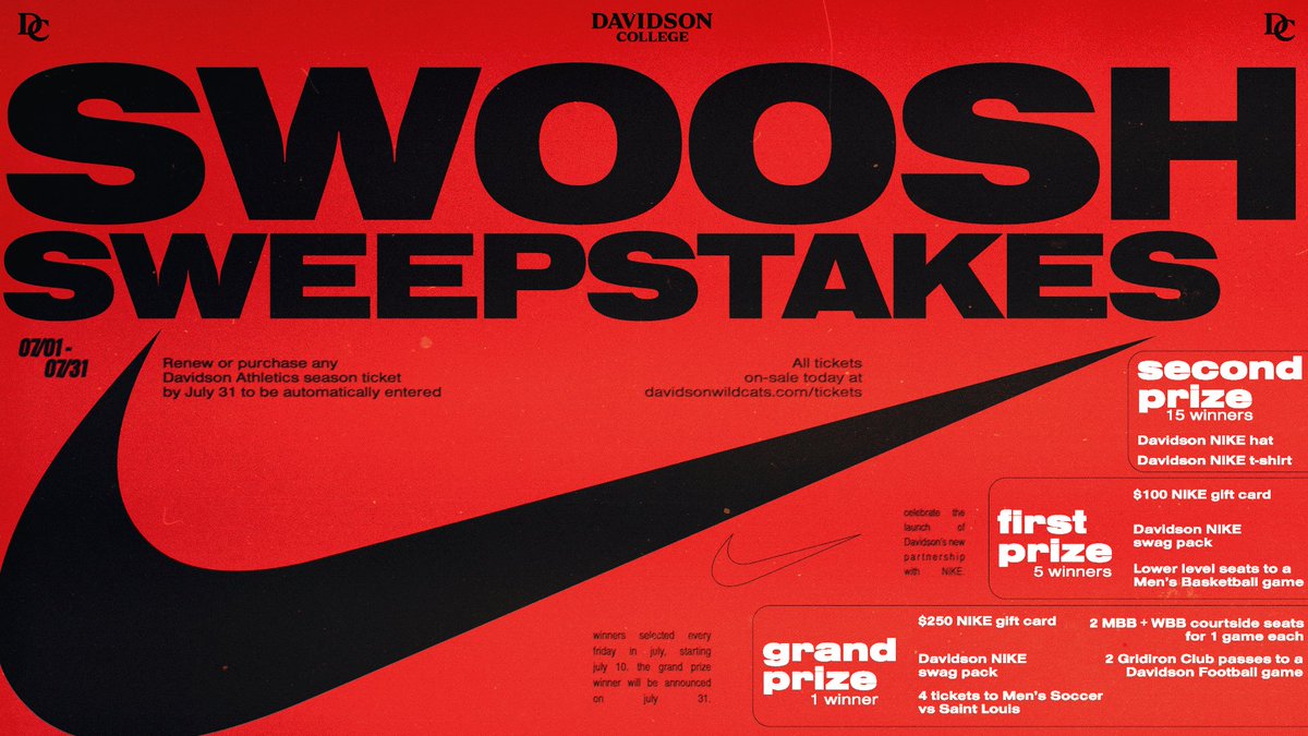 DavidsonWildcat's tweet photo. The 𝘿𝙖𝙫𝙞𝙙𝙨𝙤𝙣 𝙭 𝙉𝙞𝙠𝙚 era is here! Enter the Swoosh Sweepstakes today to unlock exclusive experiences and Nike gear👟

Buy/renew any season ticket (FB, MBB, WBB, MSOC) to enter! Already got yours? You’re automatically in!

Weekly drawings start July 10, grand prize announced on July 31!

🎟️: https://t.co/CN3yzypd7W