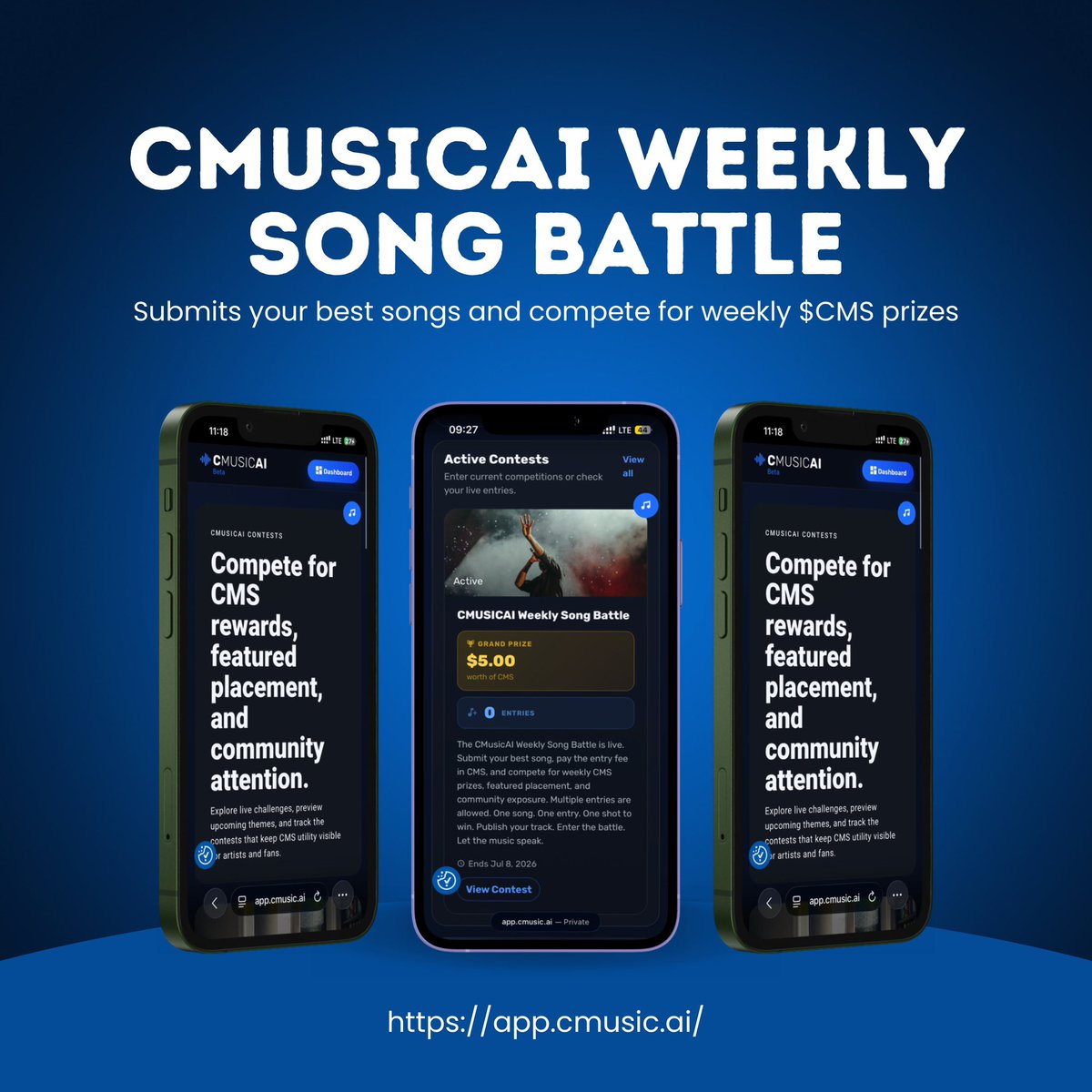 popindoge's tweet photo. Want a new way to earn weekly on CmusicAI?

The Weekly Song Battle is now open! Submit your best published track, pay a small entry fee (~$0.10 in CMS), and compete for CMS prizes

• 1st Place: $5 worth of CMS
• Winner badge
• Featured placement
• Spot in the Official Weekly Winners Playlist

Multiple entries allowed. Turn your music into weekly rewards!

Join here 👇
[https://t.co/SAZ8nGQIsR]