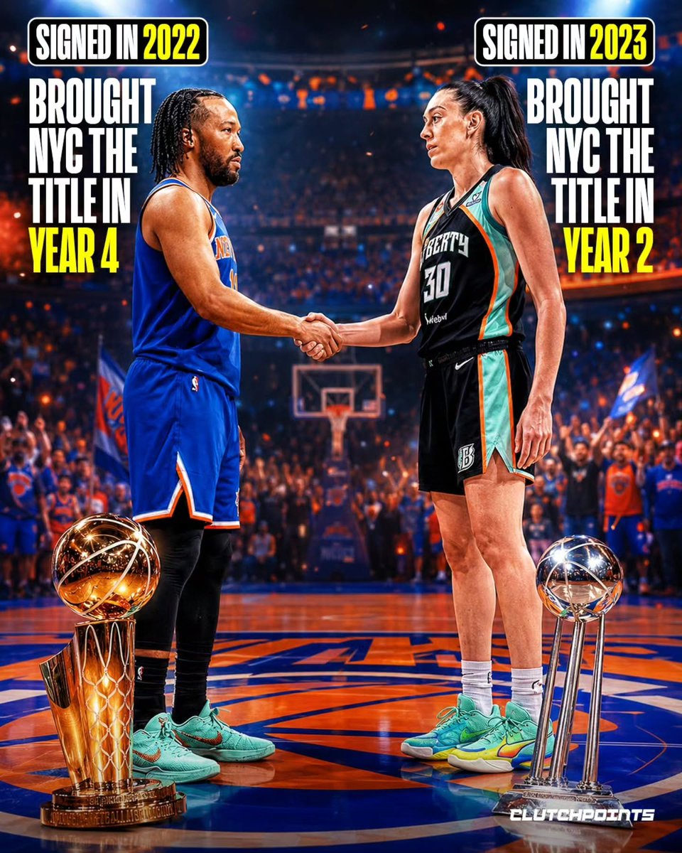 ClutchPoints's tweet photo. New York City is officially having a basketball renaissance, all thanks to the city signing two of the best players in the world.

Jalen Brunson is rightfully being celebrated as the ultimate hero of the Big Apple after bringing NYC its first NBA title in 53 years.

He deserves every single bit of that love, lifting the Larry O'Brien Trophy just four years after signing on the dotted line with the Knicks.

But let's not forget that the city experienced the exact same championship high two seasons ago, when Breanna Stewart lifted the Liberty to their first-ever WNBA title.

It took Stewie just two seasons to totally crack the code, paving the way for the Knicks and Brunson to follow suit.

The dominance runs way deeper than just the main rings, too.

Both of these superstars have been out here hoarding mid-season hardware for the city.

Back in December, Brunson carried the Knicks to a gritty Emirates NBA Cup championship (winning the MVP in the process).

Not to be outdone, Stewart just went out and anchored the Liberty to a WNBA Commissioner's Cup trophy.

The question now is, what will each of them do to top themselves?

Because let's be real, the only thing better than one title is two.

As if they aren't massive enough heroes already, the absolute best way to cement your legacy in New York is to have a matching pair of rings.
