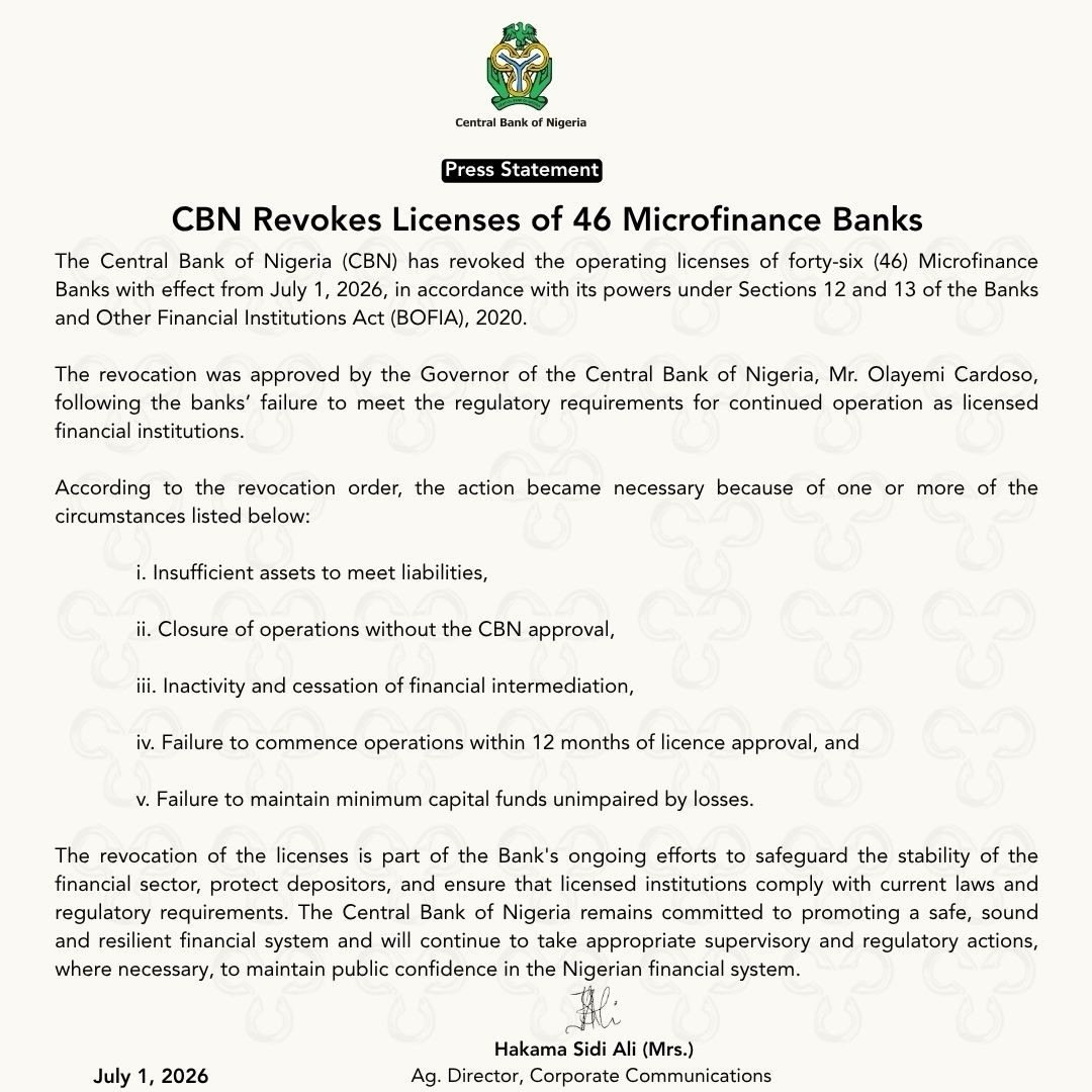 ProfitableMan1's tweet photo. Not every financial institution will survive.

The CBN has revoked the licences of 46 microfinance banks for failing to meet regulatory requirements.

Before you deposit your hard-earned money anywhere, do your homework.

Good returns mean nothing if your capital isn't protected. https://t.co/HzT9snBeUD