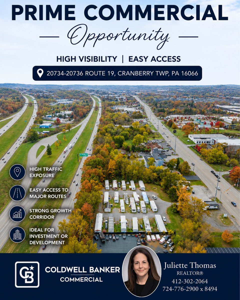 JulietteThomas5's tweet photo. Exceptional opportunity to own a 2.59-acre commercial property in Cranberry Twp with high-visibility Route 19 frontage. Zoned for a wide range of commercial uses, this prime location offers exceptional development and investment potential.  #commercialproperty #pgh #investment https://t.co/TZhspx9YuA