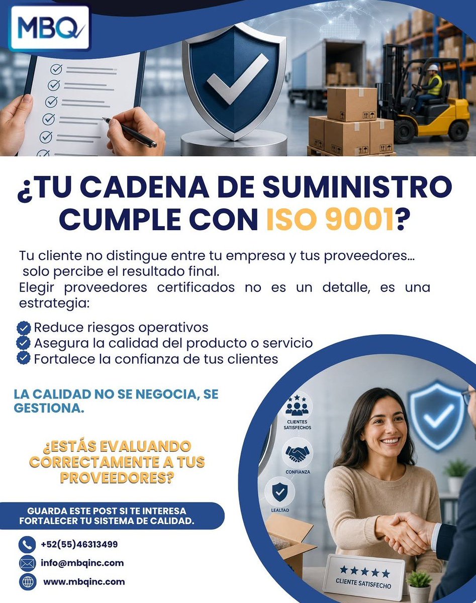 MBQ_Group's tweet photo. 🔍 Tu cliente evalúa el resultado, no a cada proveedor. Contar con proveedores alineados a #ISO9001 fortalece tu cadena de suministro, reduce riesgos y mejora la calidad. 
📦✅ En MBQ te ayudamos. 
📩 https://t.co/jZyMluc32D 

#Calidad #SupplyChain #MBQ https://t.co/TFavpcPI32