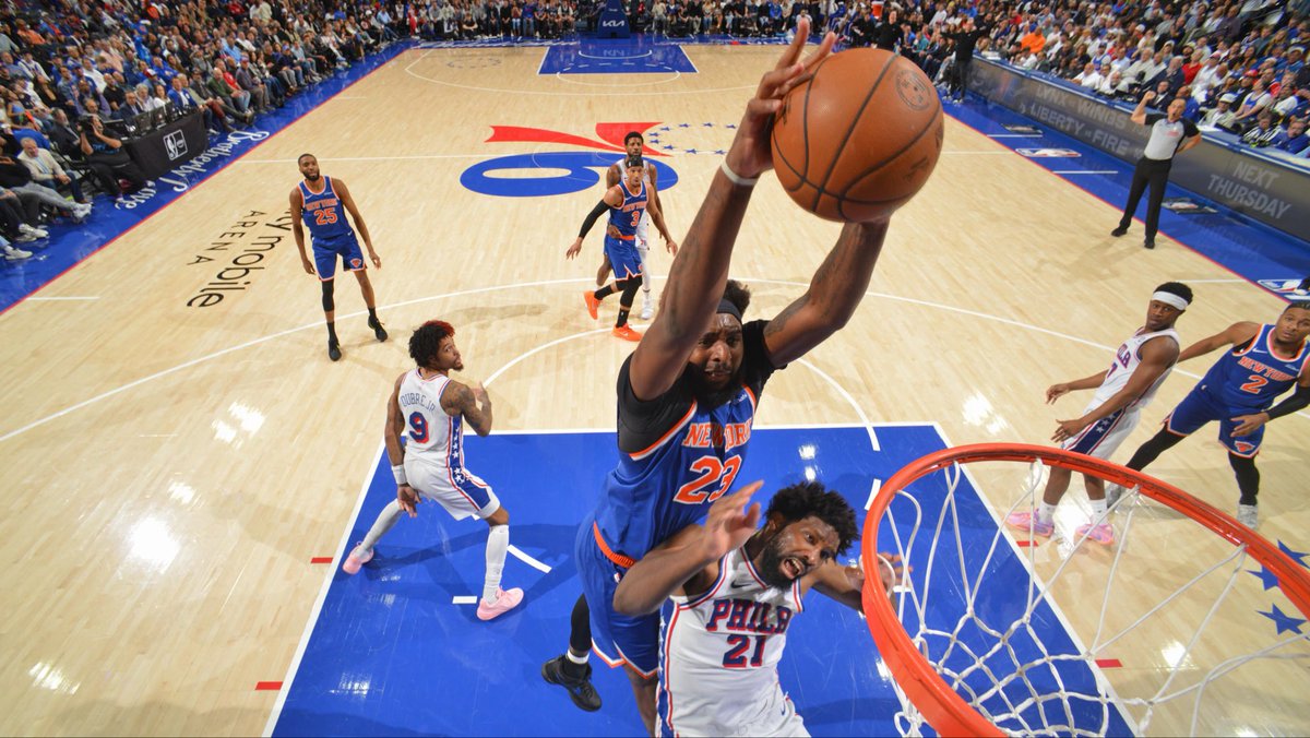 sammorril's tweet photo. Damn. I’ll miss Big Mitch, our longest tenured Knick. A true rebounding specialist, a shot blocking machine, a guy who did the thankless  things that win you games. He was here for the bad times, and then he helped take the Knicks to the promise land. Gonna miss seeing him grab those offensive boards that break another teams spirit. It’s going to suck to see him in green. Thanks for everything, Mitchell Robinson! And special thanks and for stuffing this one in Embiid’s face. That was awesome.