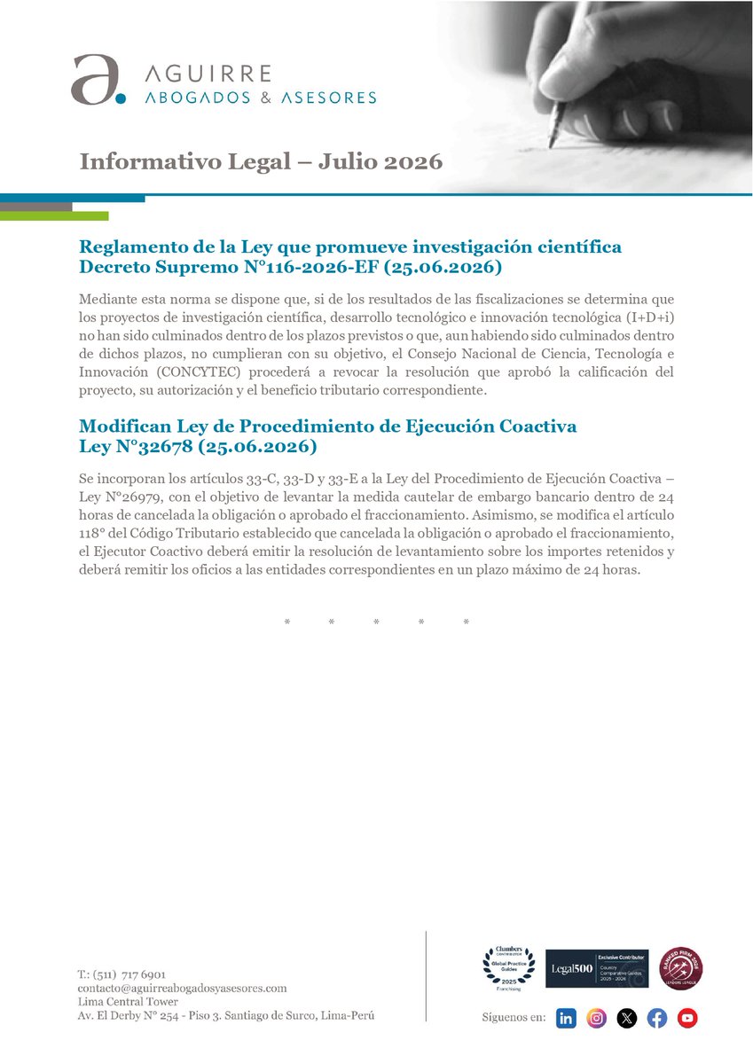 AAAabogados's tweet photo. Compartimos con ustedes nuestro Informativo Legal AAA Julio – 2026, en el cual se encuentran las principales obligaciones del mes y las normas recientemente promulgadas.
El próximo 15 de julio vence el plazo para que las compañías depositen la Gratificación por Fiestas Patrias. https://t.co/JrSQgcSmJK