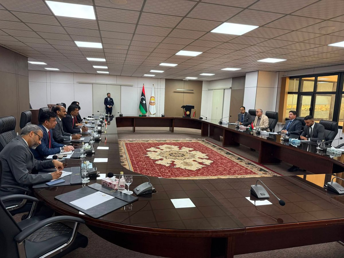 Indiainlibya's tweet photo. Indian delegation led by Joint Secretary (WANA) in the Ministry of External Affairs called on H.E. Mr. Yousef al Agouri, Chairman of the Parliamentary Committee on Foreign Affairs and International Cooperation, in Benghazi. Mr. Agouri appreciated strong bilateral relations between India and Libya. Highlighting the role of Parliaments, he expressed interest in taking forward the Parliamentary cooperation between the two friendly countries. They also discussed avenues of cooperation in the field of capacity building. @MEAIndia @DrSJaishankar