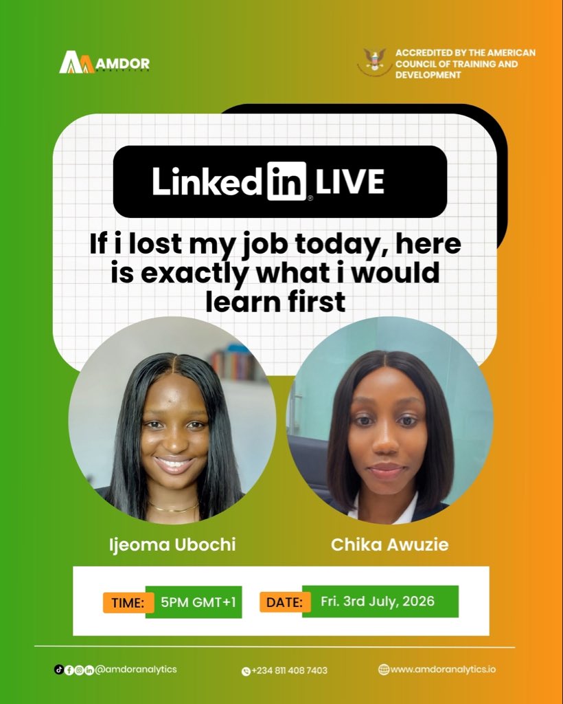 AmdorAnalytics's tweet photo. If you lost your job today, what skill would you learn first?
Data Analytics?
Cybersecurity?
AI?
Business Analysis?
Join us for this LinkedIn Live as we discuss the skills we’d prioritize in 2026 and why.
See you there.
#TechCareers #CareerGrowth #LinkedInLive https://t.co/4Lz1EFVX8V