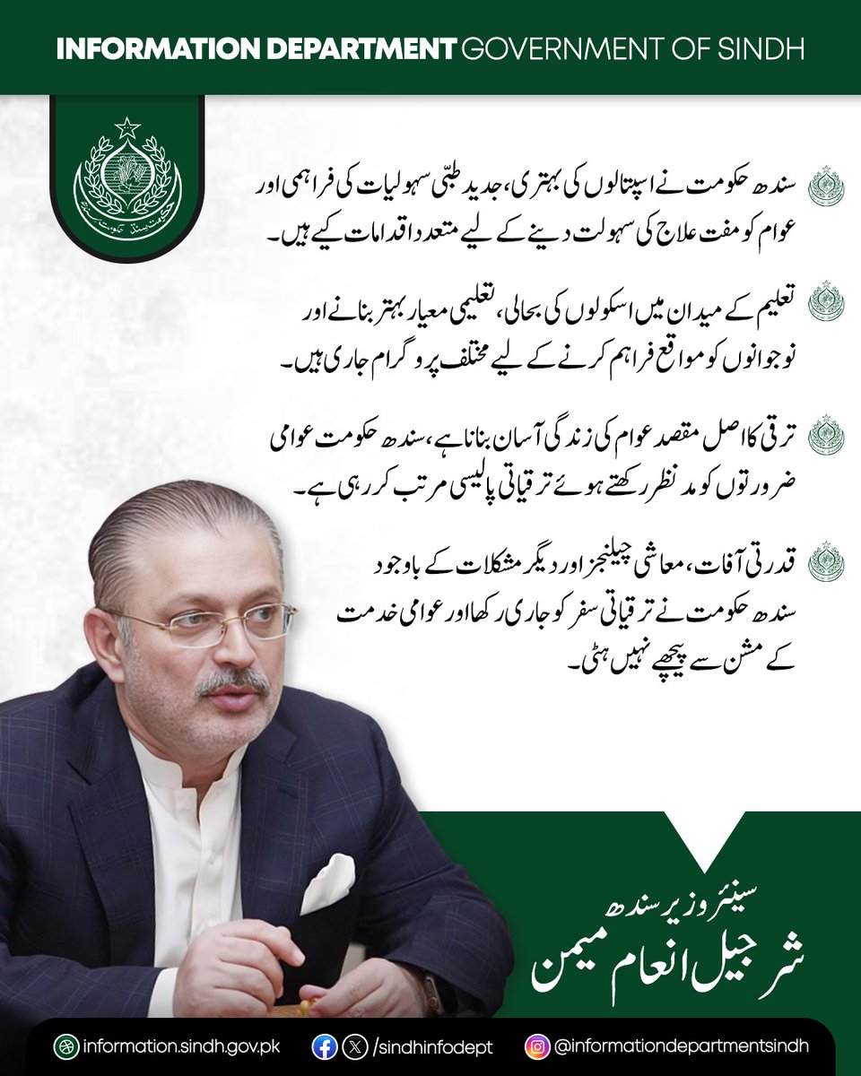 arsalanv7's tweet photo. سینئر وزیر شرجیل انعام میمن نے کہاکہ سندھ حکومت اسپتالوں میں جدید طبی سہولیات مفت علاج اسکولوں کی بحالی معیاری تعلیم اور نوجوانوں کےلیےبہتر مواقع فراہم کررہی ہے انہوں نےکہاکہ تمام چیلنجز کےباوجود عوامی فلاح ترقی اور بہتر سہولیات کی فراہمی کا سفر پوری رفتار سےجاری ہے
@sharjeelinam https://t.co/eZx5e0Bwv9