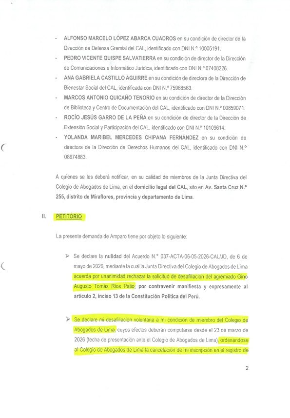 wilbermedinab's tweet photo. 🚨Ultimo. @Poder_Judicial_ admite demanda de amparo interpuesto por #GinoRios (miembro de la @JNJPeru) contra #DeliaEspinoza…y la Junta Directiva del @CALPERUOFICIAL por rechazar inconstitucionalmente su pedido de desafiliación del CAL, violando su derecho fundamental a la libertad de asociación y desvinculación previsto en el art 2.13 de la Constitución 👀👇