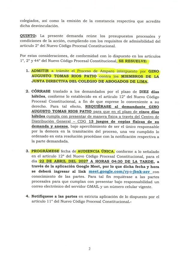 wilbermedinab's tweet photo. 🚨Ultimo. @Poder_Judicial_ admite demanda de amparo interpuesto por #GinoRios (miembro de la @JNJPeru) contra #DeliaEspinoza…y la Junta Directiva del @CALPERUOFICIAL por rechazar inconstitucionalmente su pedido de desafiliación del CAL, violando su derecho fundamental a la libertad de asociación y desvinculación previsto en el art 2.13 de la Constitución 👀👇
