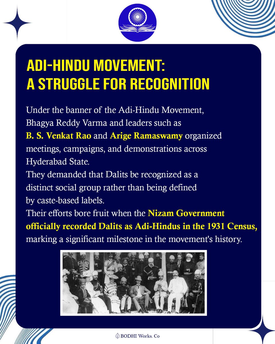 BARC_HYD's tweet photo. Part 1 concludes with the Adi-Hindu Movement's growing impact—awakening social consciousness, reclaiming identity, gaining recognition from the Nizam Government, and inspiring movements beyond Hyderabad State.
#BhagyaReddyVarma #AdiHinduMovement #JaiBhim 💙 https://t.co/CqYWkBWIgq