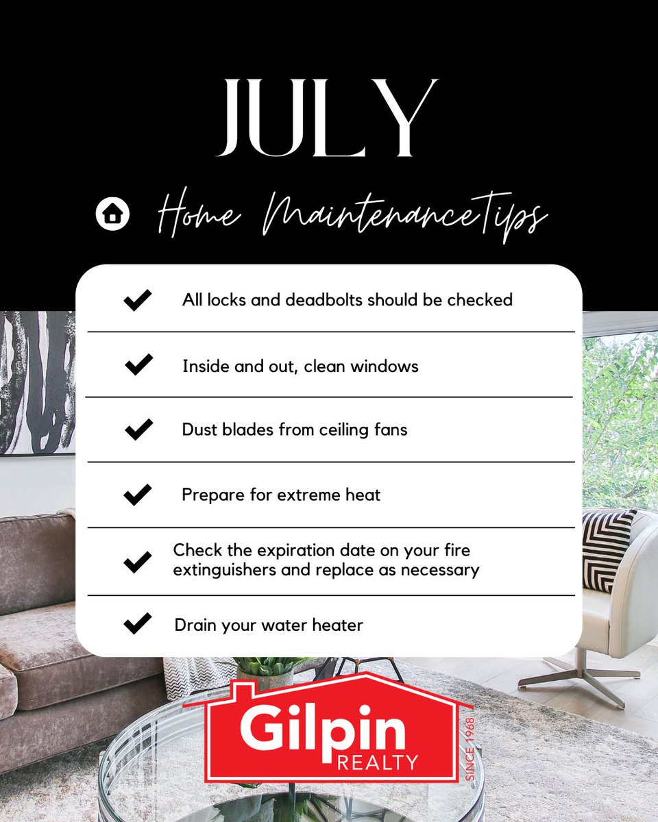GilpinRealty's tweet photo. July Home Maintenance Tips
.
.
.
.
#GilpinRealty #Snohomish #RealEstate #HomesForSale #HomeMaintenanceTips https://t.co/LcvMQXWjtm