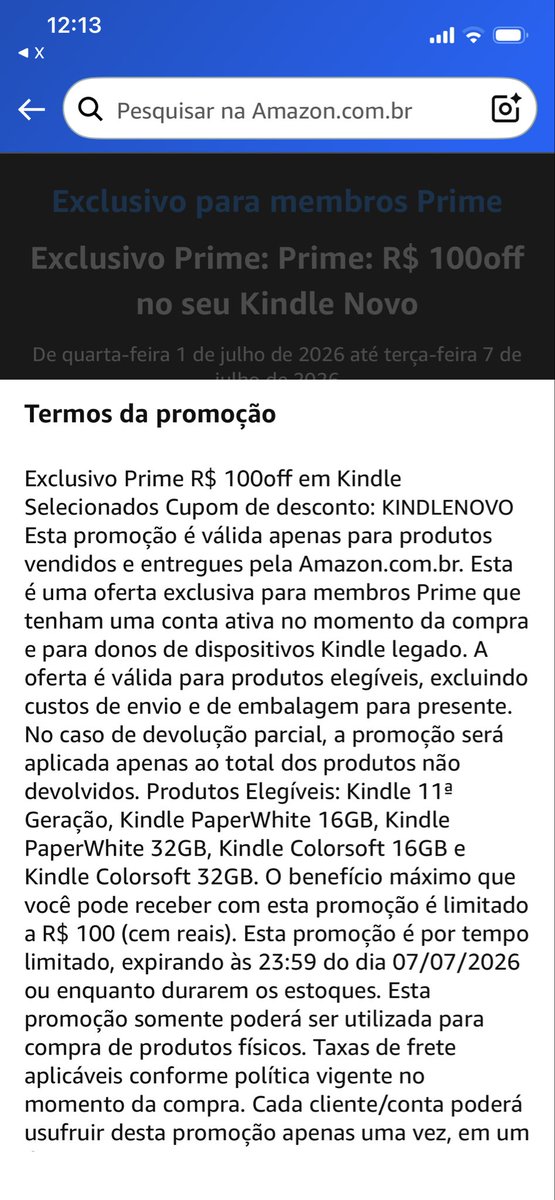 readwmari's tweet photo. que palhaçada é essa amazon? cupom do kindle só é válido pra quem já tem um e não pra novos usuários https://t.co/twA85eBGpN