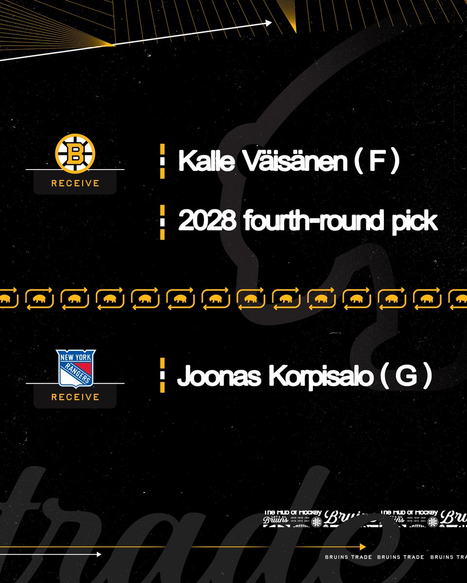 NHLBruins's tweet photo. The #NHLBruins have acquired forward Kalle Vaisanen and a 2028 fourth-round draft pick from the New York Rangers in exchange for goaltender Joonas Korpisalo.

Best of luck, Korpi!

📰: https://t.co/C7yn40oWwI https://t.co/z6fha5XVgb