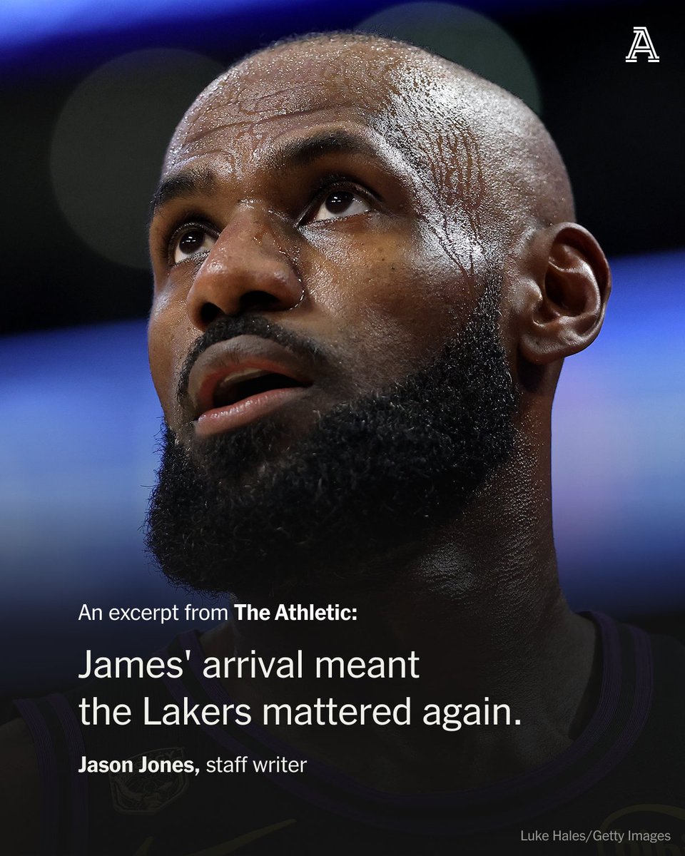 TheAthletic's tweet photo. LeBron James didn't just win a title in Los Angeles. 

He made the Lakers matter again after the franchise's darkest stretch of the post-Kobe era.

For that, he is an all-time great Laker, @mr_jasonjones writes: https://t.co/zcNiljNUfx https://t.co/w0ymlBDpXo