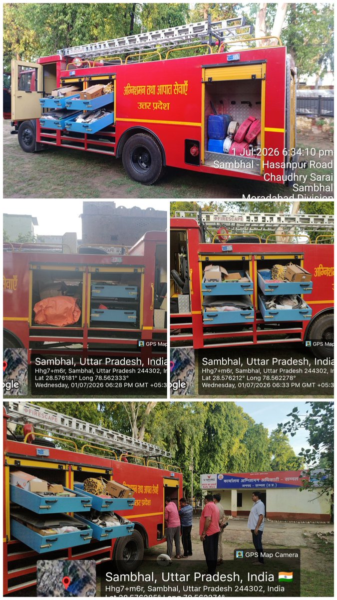 sambhalfire's tweet photo. अग्निशमन तथा आपात सेवा मुख्यालय लखनऊ से जनपद संभल को आवंटित फायर टेंडर विद हाई प्रेशर एंड सर्च इक्विपमेंट के साथ फायर स्टेशन संभल पर उपस्थित समस्त कर्मचारियों को फायर टेंडर में उपलब्ध आधुनिक अग्निशमन उपकरणों के  संबंध में जानकारी दी गई। https://t.co/CeR3qjy8at