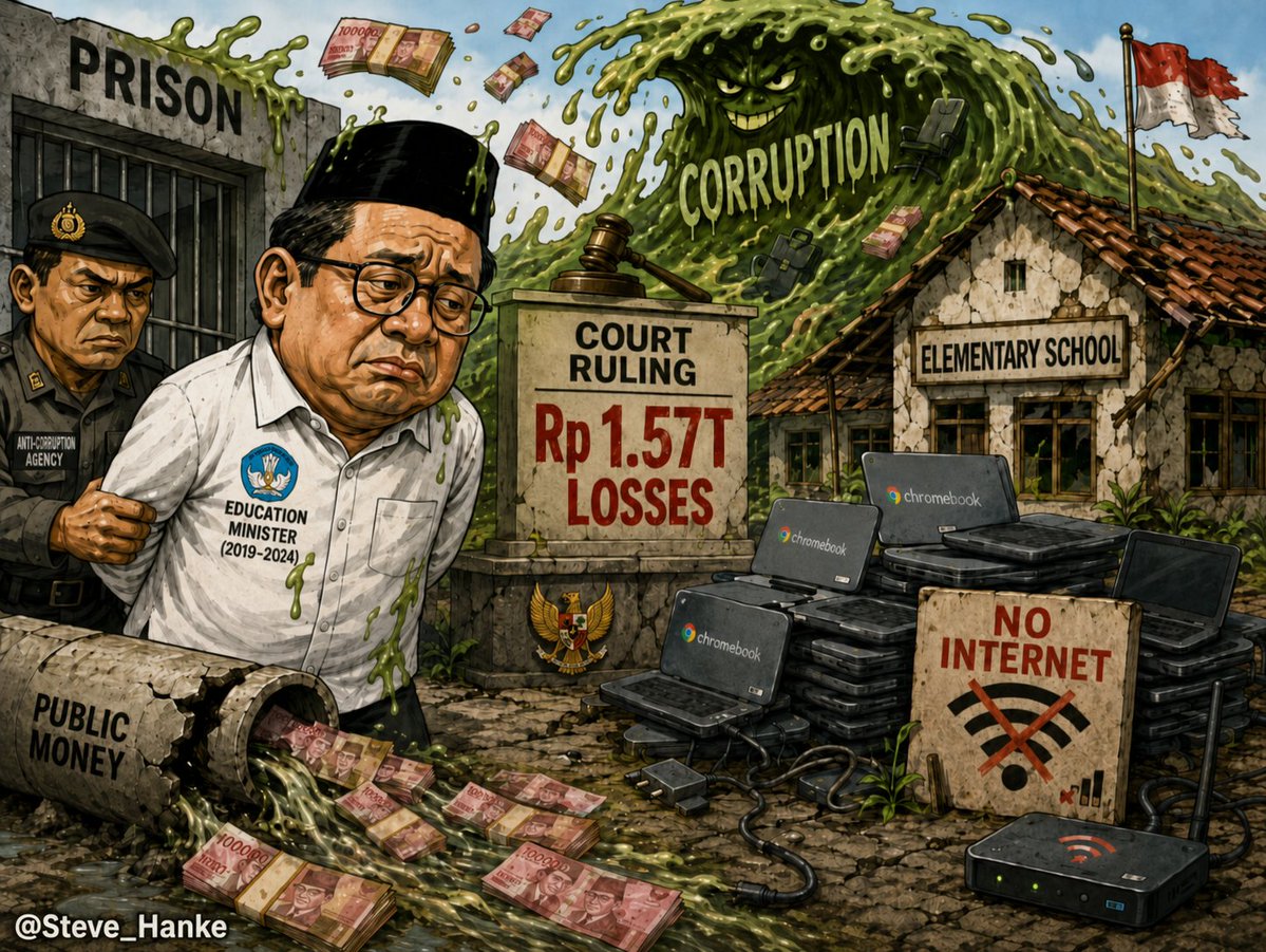 steve_hanke's tweet photo. Former Indonesia education minister Nadiem Makarim was sentenced to 10 years in prison for a corruption scheme.

After Google invested in Makarim's company, he manipulated school laptop procurement to favor Google Chromebooks.

IN INDONESIA, CORRUPTION IS ALIVE AND KICKING. https://t.co/qDW9itIdCr