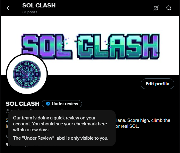 solclashp2e's tweet photo. ๐จ Update for the SOL CLASH community!
Our X account is currently under review for the Verified badge. We're excited for this next step and appreciate everyone's patience and continued support.
Stay tunedโbig things are coming. ๐ฅ
#SolClash #Web3 #CryptoGaming #Solana https://t.co/tDPus80xJ5