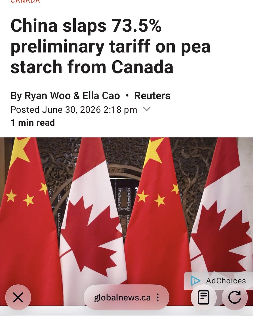 APouliotPCQ's tweet photo. La Chine impose un droit de douane préliminaire de 73,5 % sur l'amidon de pois en provenance du Canada.

Janvier 2026, citation de Mark Carney:

« Dans un monde plus divisé et incertain, le Canada construit une économie plus forte, plus indépendante et plus résiliente. À cette fin, le nouveau gouvernement du Canada travaille avec urgence et détermination pour diversifier nos partenariats commerciaux [...] En tant que deuxième économie mondiale, la Chine présente d'énormes opportunités au Canada dans cette mission. »