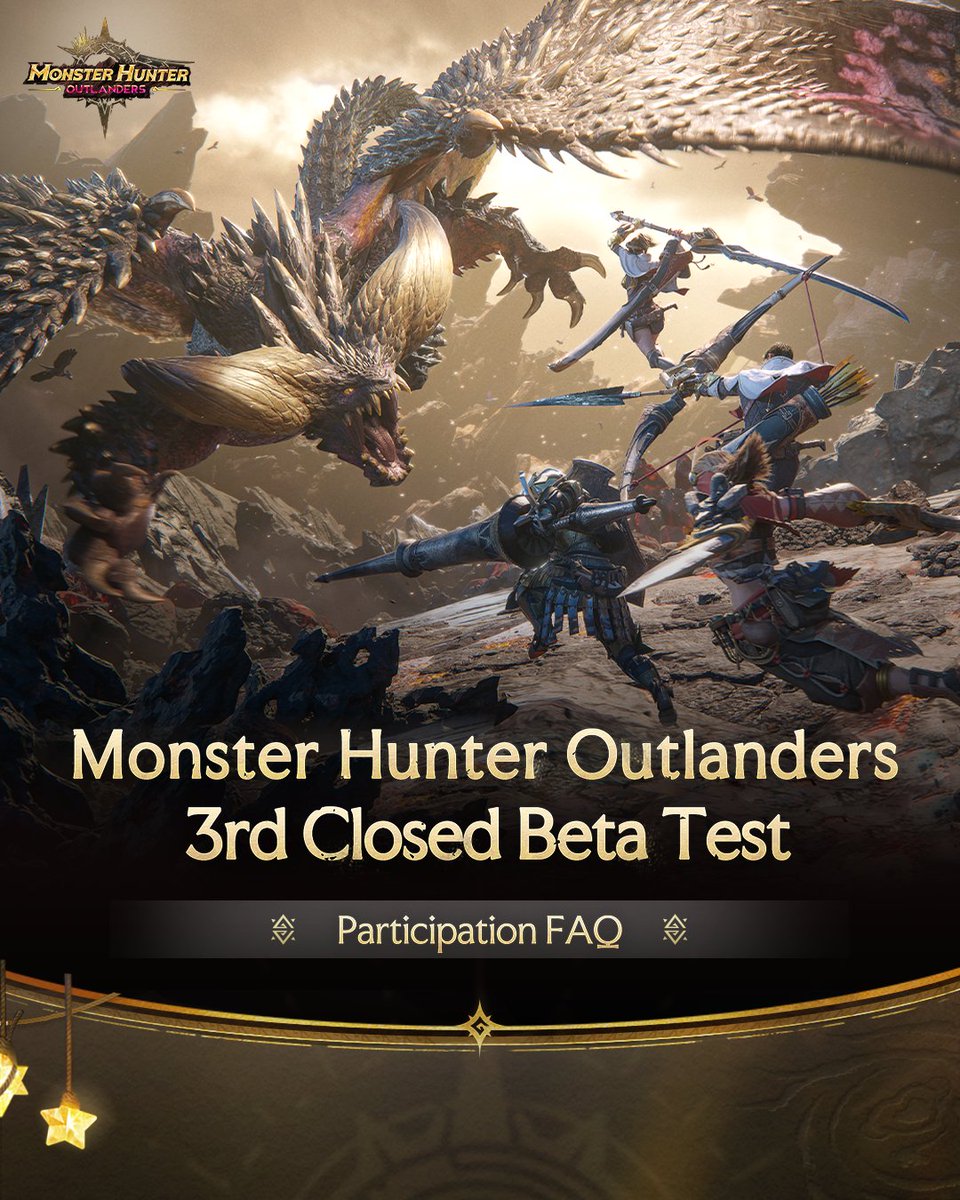 MHO_English's tweet photo. #MHOutlanders
3rd Closed Beta Test Recruitment Now Open!

Team up with your friends and Buddies for a hunt on Aesoland!

Apply here：https://t.co/SSV3GaSV4W

Test Overview
· Closed beta (no in-app purchases, all game data will be wiped after the test concludes)
· Platforms: Android / iOS
· Recruitment period: July 2 (Thu) at 12:00 – July 24 (Fri) at 06:59 (UTC+0)
· Eligible regions: Japan, United States, Canada, United Kingdom, France, Germany, Philippines
· Target servers: North America, Japan, Europe, Southeast Asia
· Test start date: August 7th (Fri) 02:00 (UTC+0)

System Requirements
iOS: iPhone XR or later / iOS 17 or later
Android: Snapdragon 845 or later / Android 12.0 or later

How to Participate
Apply through the recruitment questionnaire or official social media events.

Selection Notification
Selected players will be notified via email after the recruitment period ends.

Check the image for frequently asked questions!
We look forward to receiving your applications! 🔥

#MHO #MHOutlanders #MonsterHunterOutlanders
